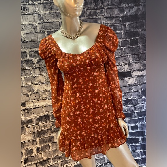 Rust Floral Print Long Sleeve Babydoll Dress - Picture 7 of 8